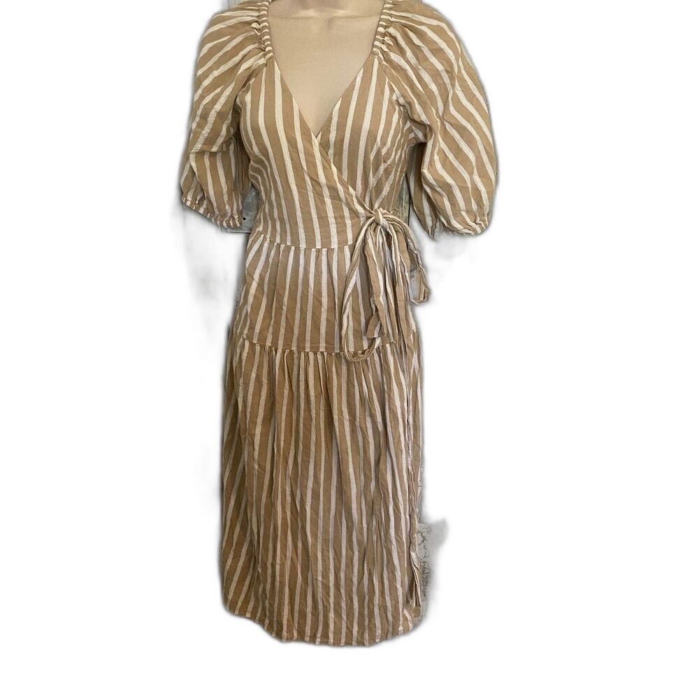 Old navy short puff sleeve tan stripe wrap midi dress XS